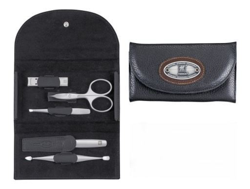 Estojo com fecho leg&iacute;timo Couro preto 5 pe&ccedil;as