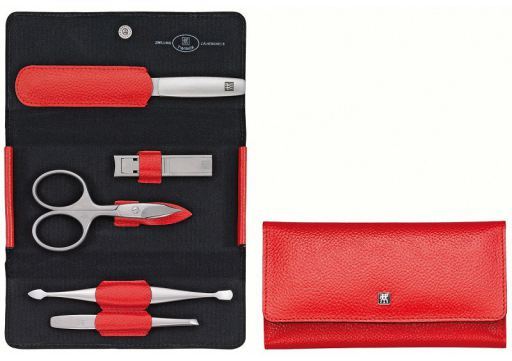 Estojo de couro genu&iacute;no vermelho com fecho instant&acirc;neo 5 pe&ccedil;as