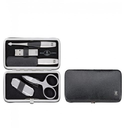 Twinox Calf Leather Rectangular Pocket Manicure Pack, Black, 5 Pieces