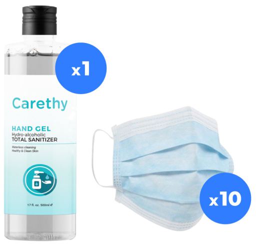 Pacote de 10 máscaras + gel hidroalcoólico 500 ml