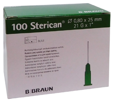 Agulhas Sterican verdes 25x8 mm 1 pacote com 100 unidades