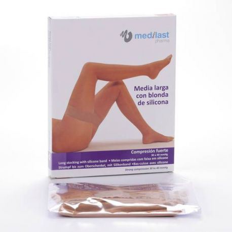 Meias longas de renda forte compressão bege médio