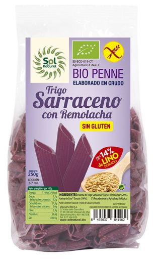 Sol Natural Penne Macarr&atilde;o Trigo Sarraceno Beterraba Linho Sem Gl&uacute;ten Bio 250 gr