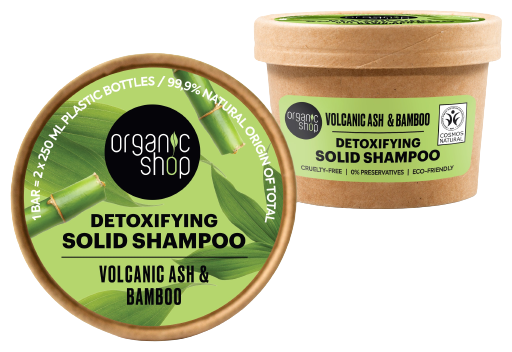 Organic Shop Champ&ocirc; S&oacute;lido Desintoxicante Cinzas Vulc&acirc;nicas e Bambu 60 gr