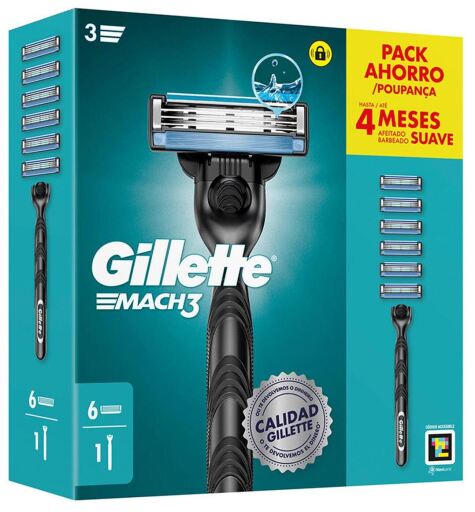 Gillette M&aacute;quina Mach 3 + 6 Pe&ccedil;as Sobressalentes
