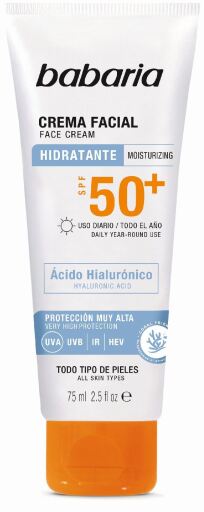 Babaria Creme Facial Hidratante com &Aacute;cido Hialur&ocirc;nico FPS50+ 75 ml