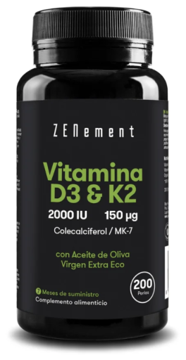 Vitamina D3 + K2 Colecalciferol (2.000 UI) e MK-7 (150 &mu;g) 200 P&eacute;rolas