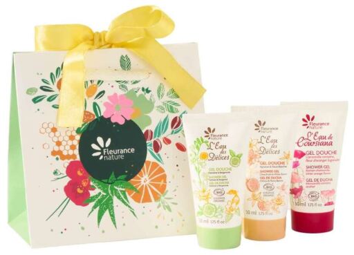 Fleurance Nature Bolsa pequena com trio de g&eacute;is de banho com la&ccedil;o amarelo, tamanho viagem.